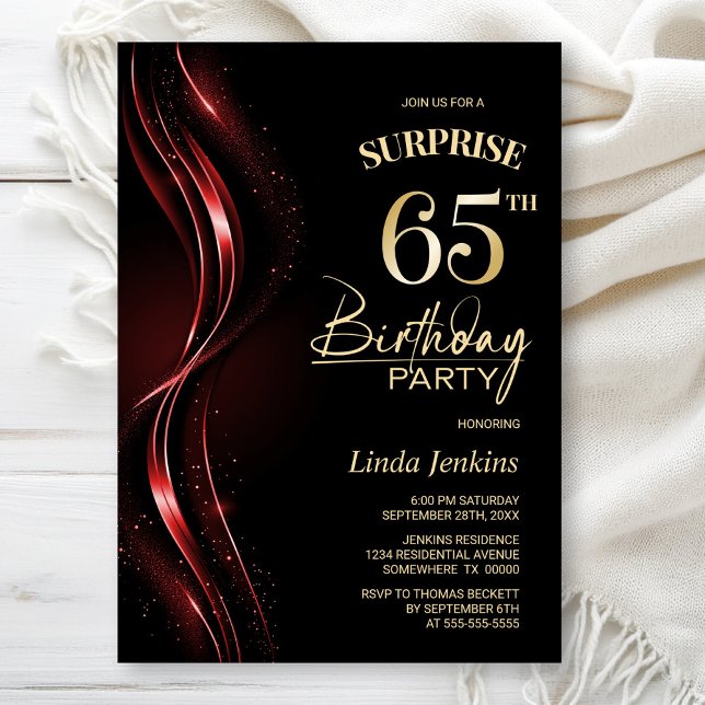 Invitación Surprise Black Red 65th Birthday Party (Subido por el creador)
