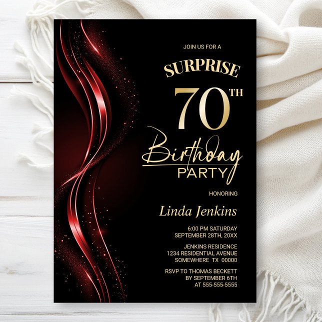 Invitación Surprise Black Red 70th Birthday Party (Subido por el creador)