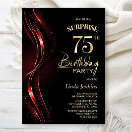 Invitación Surprise Black Red 75th Birthday Party