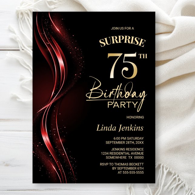 Invitación Surprise Black Red 75th Birthday Party (Subido por el creador)