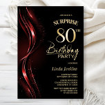 Invitación Surprise Black Red 80th Birthday Party<br><div class="desc">Esta moderna invitación de cumpleaños 80 color negro y rojo es el tono perfecto para un fiesta sorpresivo. Personalice fácilmente su invitación con el nombre del invitado, los detalles del fiesta y la información del lugar en sólo unos pocos clics. Podrás crear una noche llena de amor, risas y recuerdos...</div>