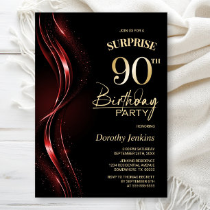 Invitación Surprise Black Red 90th Birthday Party