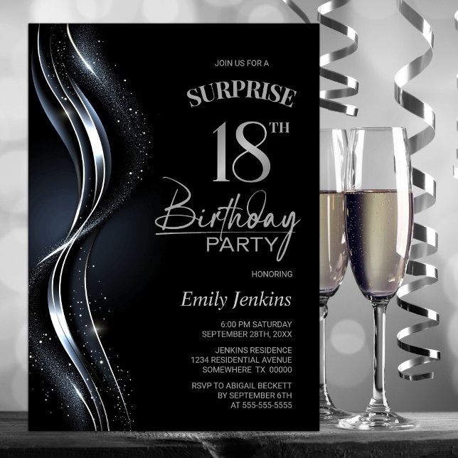 Invitación Surprise Black Silver 18th Birthday Party (Subido por el creador)