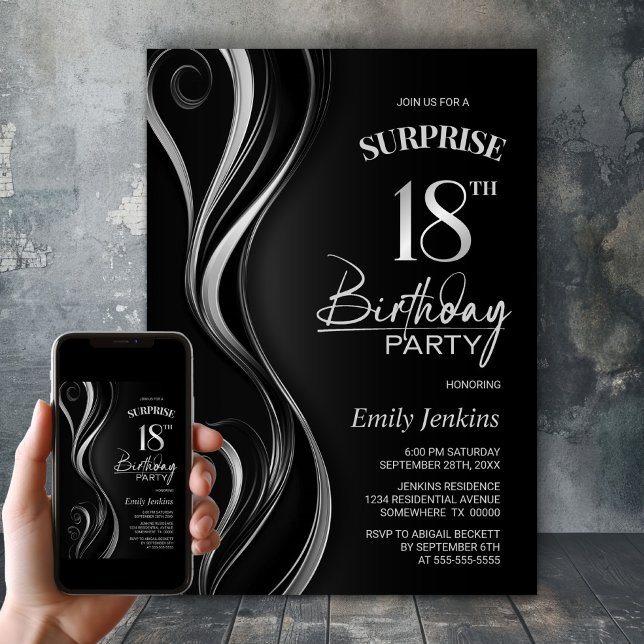Invitación Surprise Black Silver 18th Birthday Party (Subido por el creador)
