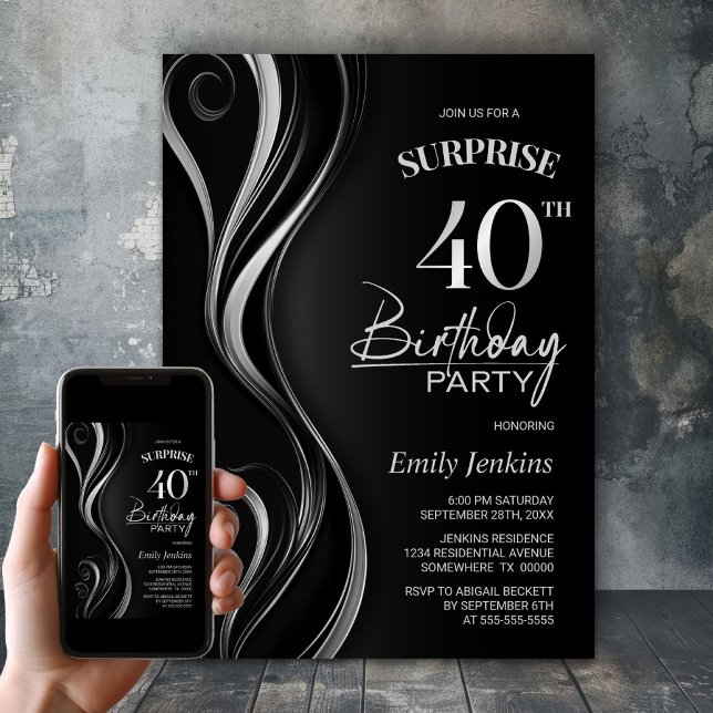 Invitación Surprise Black Silver 40.º Fiesta de cumpleaños (Subido por el creador)