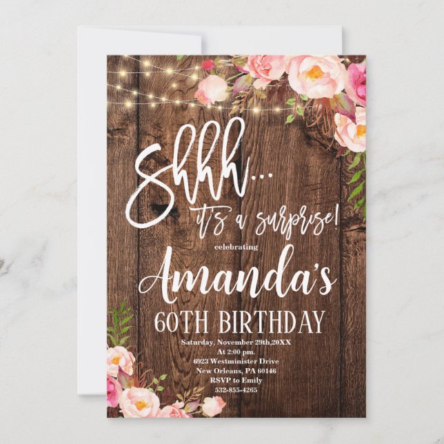 Invitación Surprise Boho Floral Birday, cumpleaños rústico (Anverso)