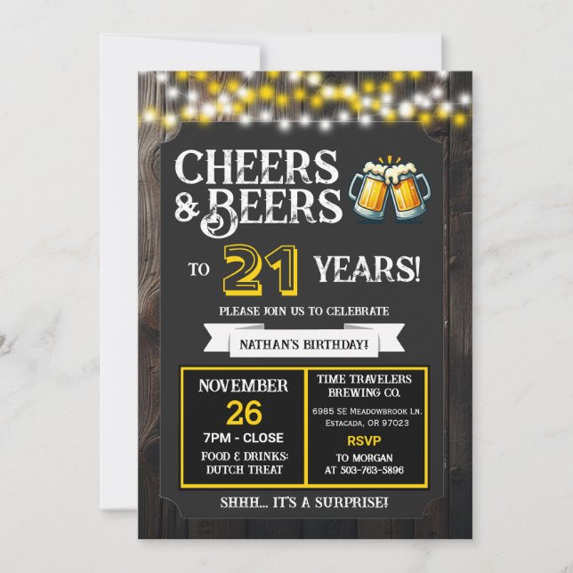 Invitación Surprise Brewery Birthday Cheers and Beers to 21 (Anverso)