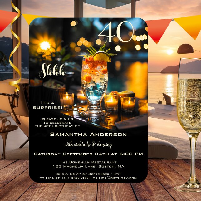 Invitación Surprise Cumpleaños de Adultos (Surprise birthday invitation featuring a colorful cocktail at the waterfront with sparkling lights)