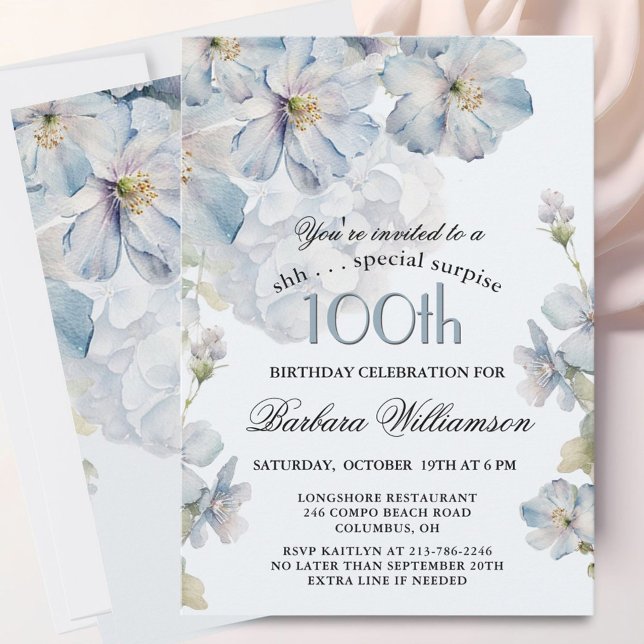 Invitación SURPRISE Elegant Blue Floral 100th Birthday  (Subido por el creador)