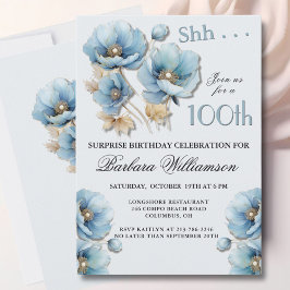 Invitación SURPRISE Elegant Blue Floral 100th Birthday