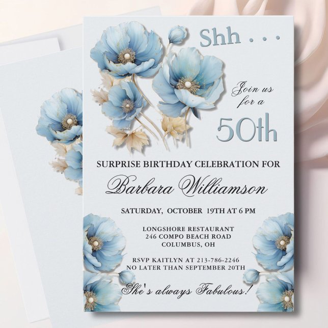Invitación SURPRISE Elegant Blue Floral 50th Birthday (Subido por el creador)