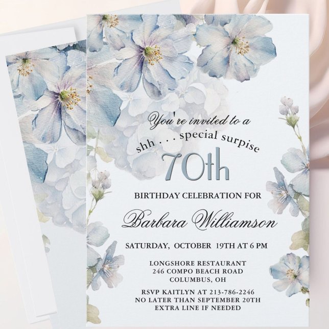 Invitación SURPRISE Elegant Blue Floral 70th Birthday  (Subido por el creador)