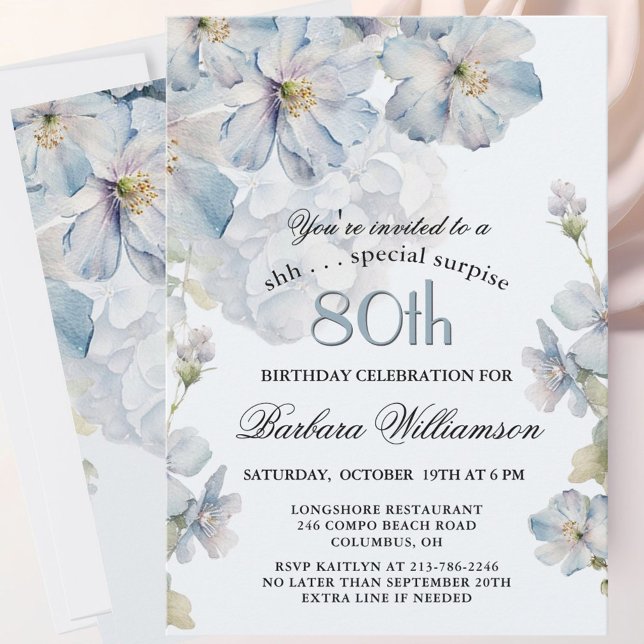 Invitación SURPRISE Elegant Blue Floral 80th Birthday  (Subido por el creador)