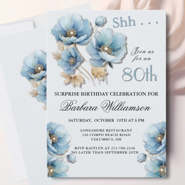 Invitación SURPRISE Elegant Blue Floral 80th Birthday (Subido por el creador)