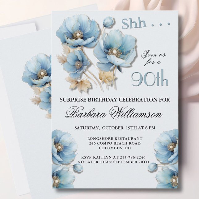 Invitación SURPRISE Elegant Blue Floral 90th Birthday (Subido por el creador)