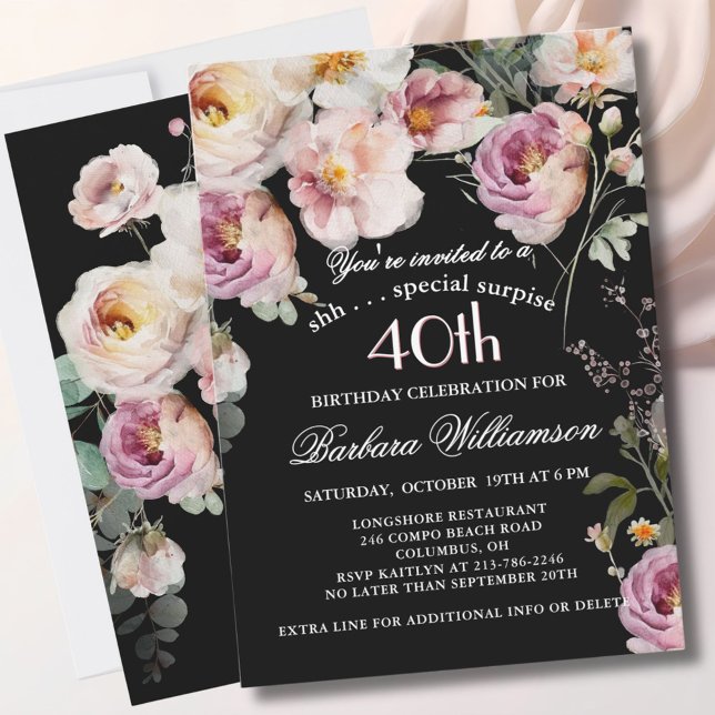 Invitación SURPRISE Elegant Floral 40th Birthday Party (Subido por el creador)