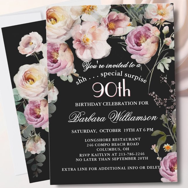 Invitación SURPRISE Elegant Floral 90th Birthday Party (Subido por el creador)