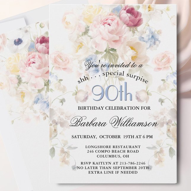 Invitación SURPRISE Elegant Painted Floral 90th Birthday  (Subido por el creador)