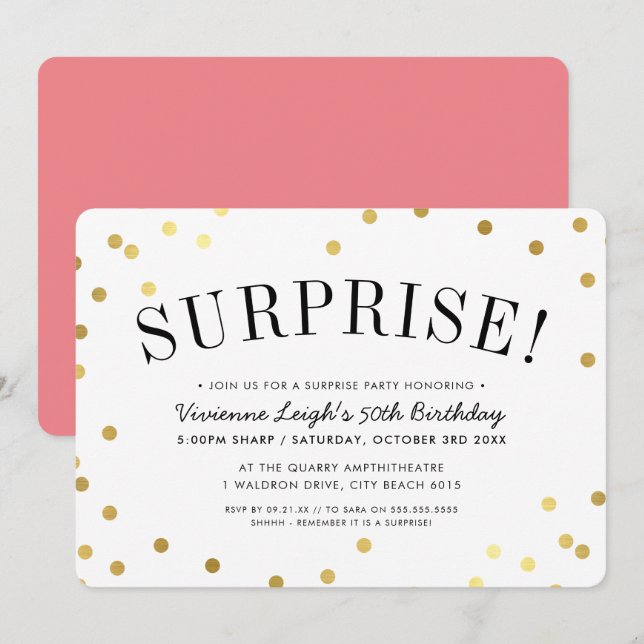 Invitación SURPRISE FIESTA manchas de confeti de oro elegante (Anverso / Reverso)