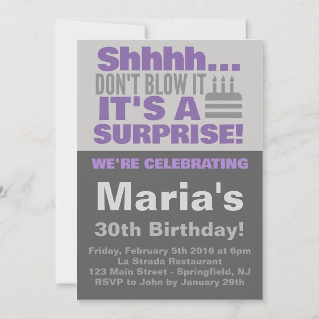 Invitación Surprise Fiesta Purple Birday (Anverso)
