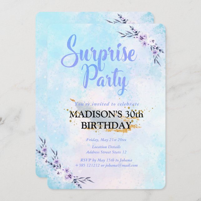 Invitación Surprise Fiesta Watercolor Pastel (Anverso / Reverso)