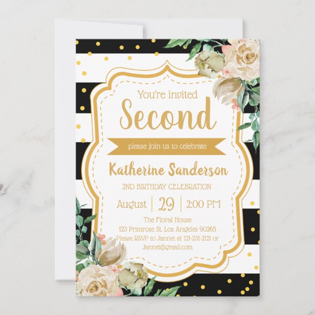 Invitación Surprise Floral Black White Stripes fiesta de cump (Anverso)