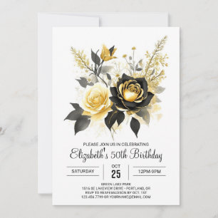 Invitación Surprise Floral Gold y Black 50th Birthday