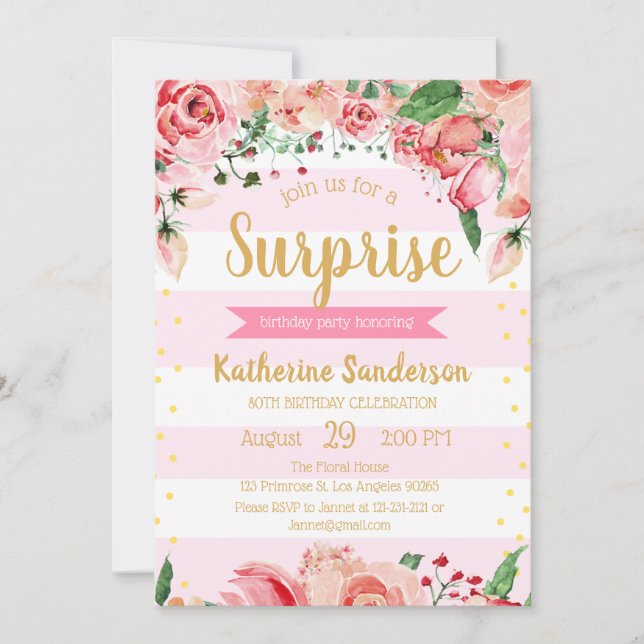 Invitación Surprise Floral Rubor Pink Stripes fiesta de cumpl (Anverso)