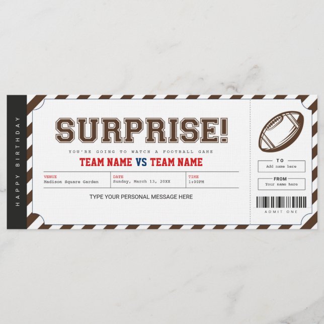 Invitación Surprise Football Game Stadium Gift Ticket (Anverso)