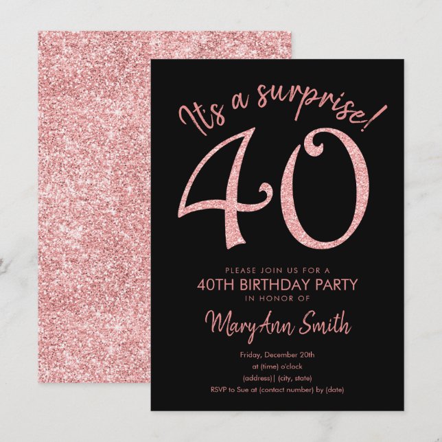 Invitación Surprise Forty Rosa Gold 40 cumpleaños (Anverso / Reverso)