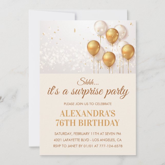 Invitación Surprise Gold Balloons cumpleaños 76 (Anverso)