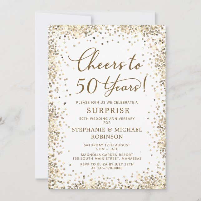 Invitación Surprise Gold Glitter 50th Wedding Anniversary (Anverso)