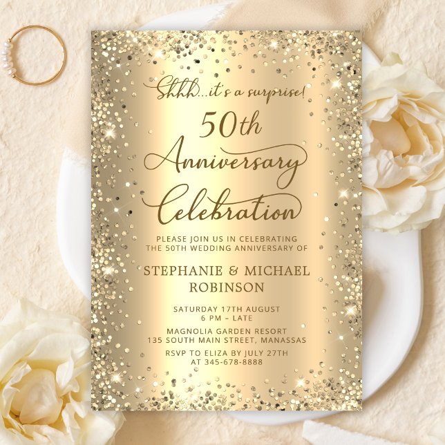 Invitación Surprise Gold Glitter 50th Wedding Anniversary (Subido por el creador)