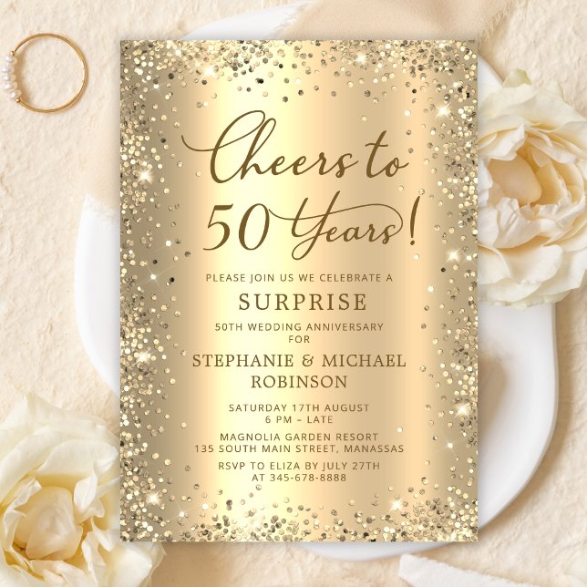 Invitación Surprise Gold Glitter 50th Wedding Anniversary (Subido por el creador)
