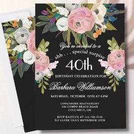 Invitación SURPRISE Handpainted Floral 40th Birthday Party 