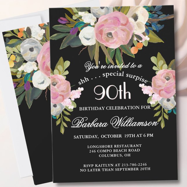 Invitación SURPRISE Handpainted Floral 90th Birthday Party  (Subido por el creador)