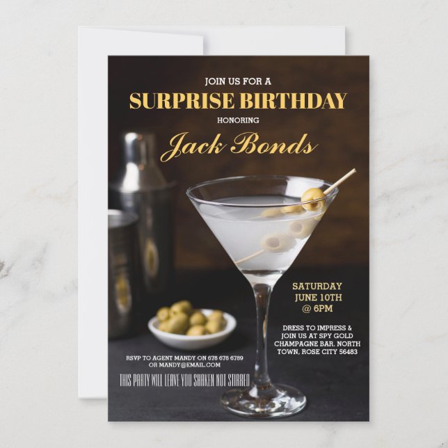 Invitación Surprise Martini Black Tie Event Birday Agent (Anverso)