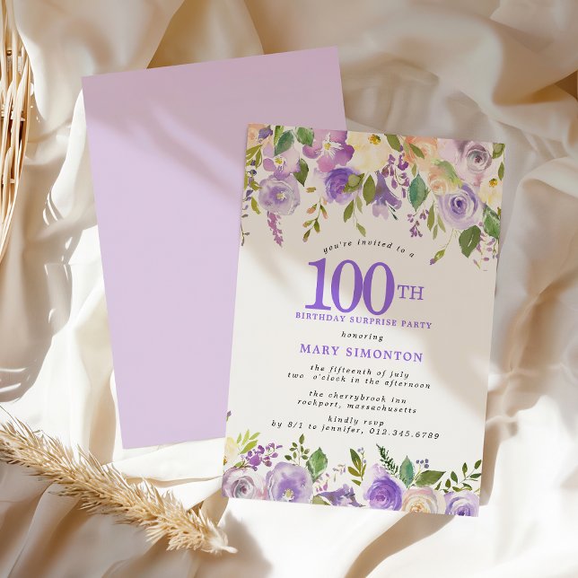Invitación SURPRISE PARTY 100th Birthday Pretty Purple Floral (Subido por el creador)