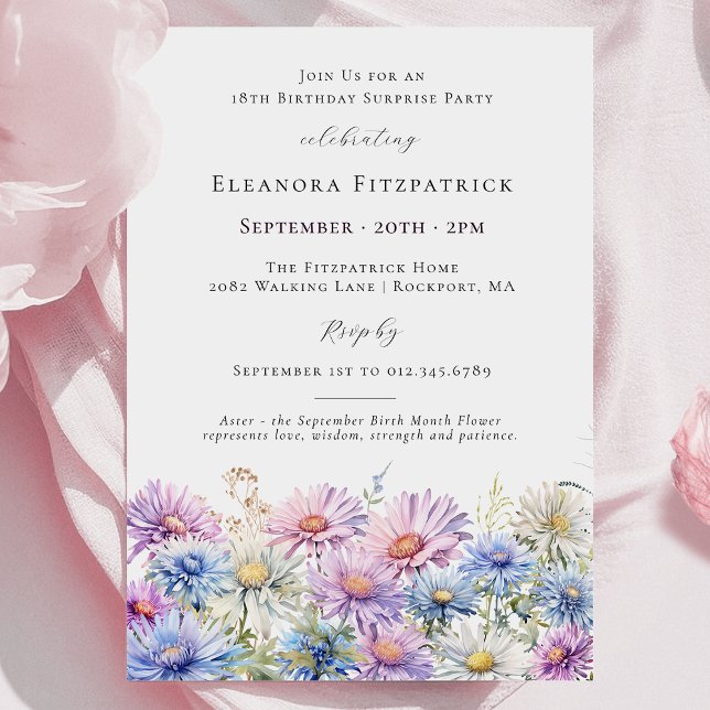 Invitación SURPRISE PARTY 18th September Birth Month Flower (Subido por el creador)