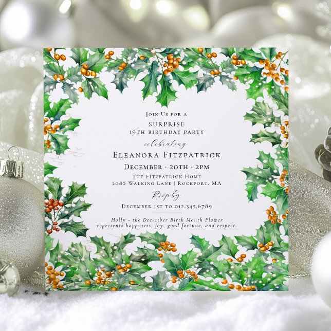 Invitación SURPRISE PARTY 19th Birthday December Birth Flower (Subido por el creador)