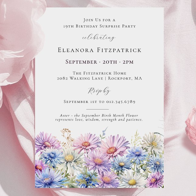 Invitación SURPRISE PARTY 19th September Birth Month Flower (Subido por el creador)