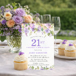 Invitación SURPRISE PARTY 21st Birthday Pretty Purple Floral<br><div class="desc">Honor a special woman with this elegant and feminine 21st Birthday party invitation. 21st is written in large purple text. Birthday Surprise Party follows. The honored guest's name is also in purple capital letters. The remainder of the text is soft dove gray. The birthday celebration details are surrounded top and...</div>