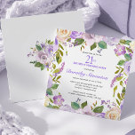 Invitación SURPRISE PARTY 21st Birthday Purple Floral Square<br><div class="desc">Honor a special person with this elegant square Birthday party invitation. A variety of purple and ivory white roses tucked into dark green foliage create a round botanical frame.</div>