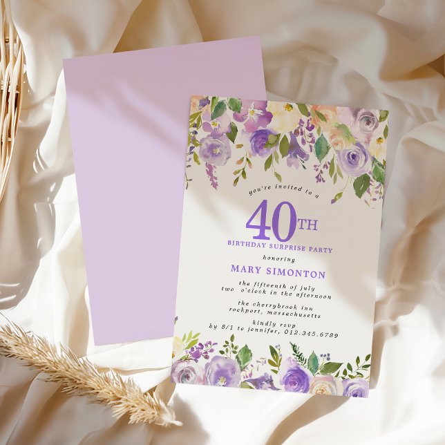 Invitación SURPRISE PARTY 40th Birthday Pretty Purple Floral (Subido por el creador)