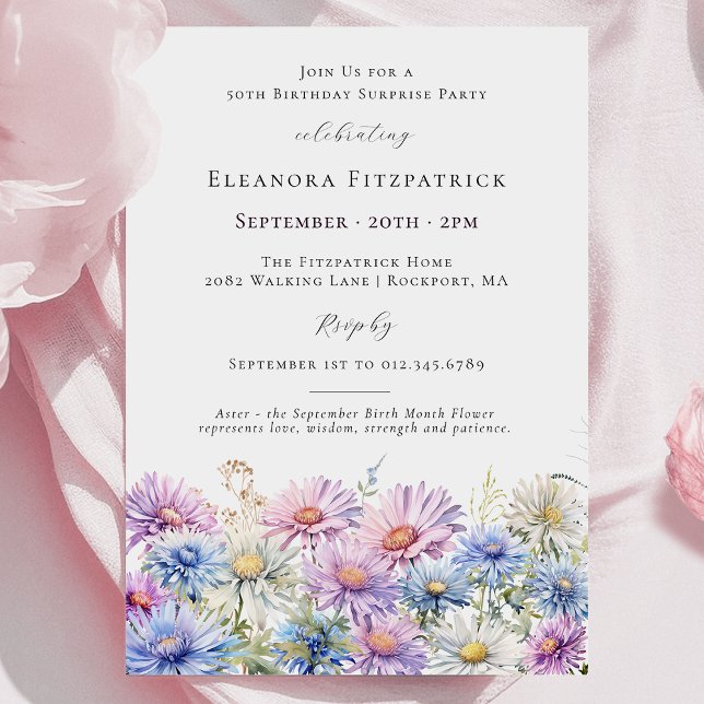 Invitación SURPRISE PARTY 50th September Birth Month Flower (Subido por el creador)