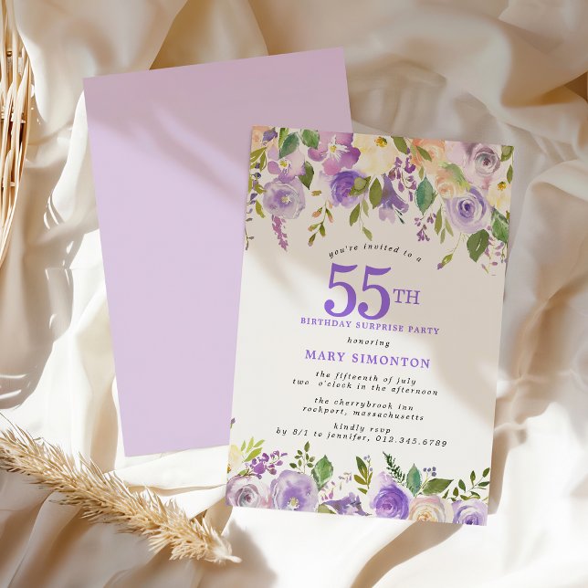 Invitación SURPRISE PARTY 55th Birthday Pretty Purple Floral (Subido por el creador)