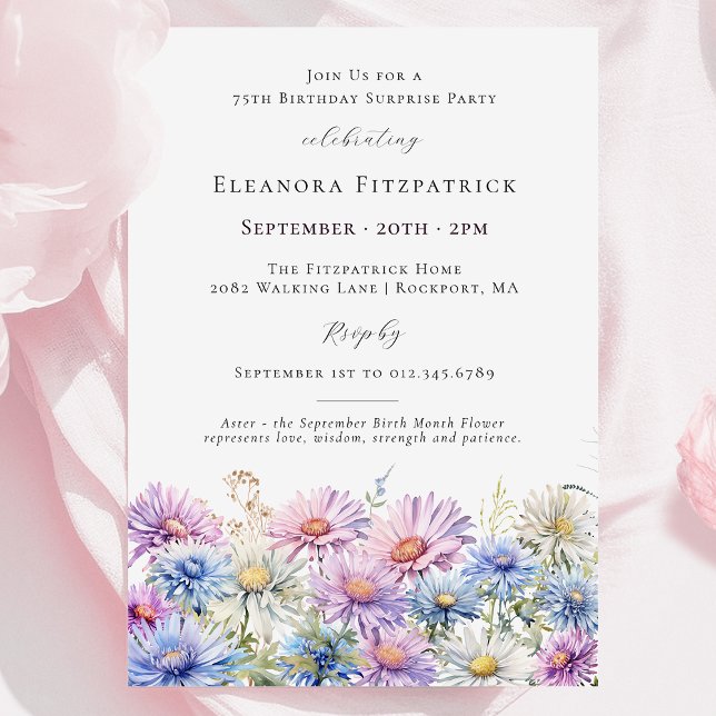 Invitación SURPRISE PARTY 75th September Birth Month Flower (Subido por el creador)