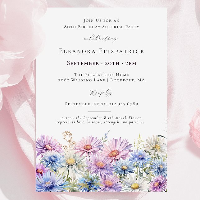 Invitación SURPRISE PARTY 80th September Birth Month Flower (Subido por el creador)