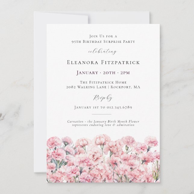 Invitación SURPRISE PARTY 95th Birthday Pink Carnation Floral (Anverso)