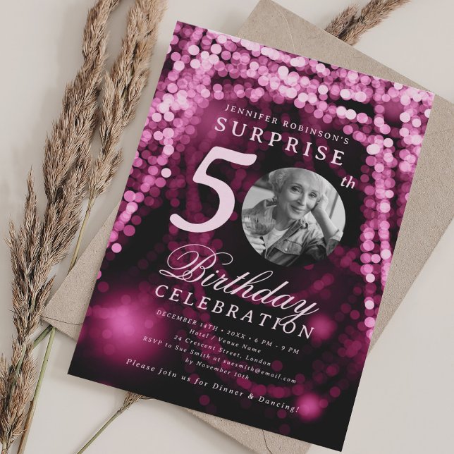 Invitación SURPRISE Photo 50th Birthday Hot Pink Glam Lights (SURPRISE Photo 50th Birthday Hot Pink Glam Lights Invitation)
